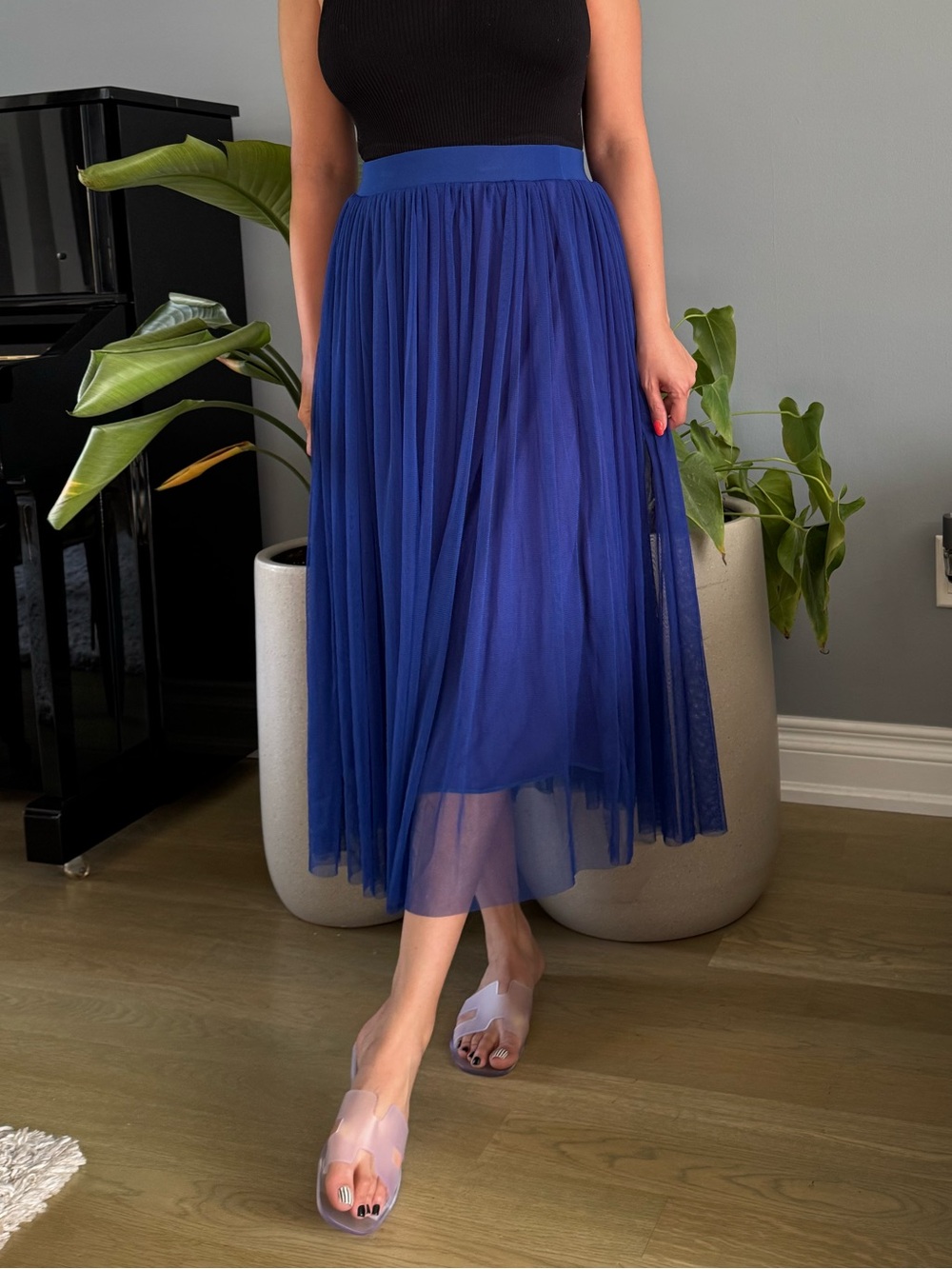 Women’s Royal Blue Tulle Midi Skirt - Elegant Pleated Design